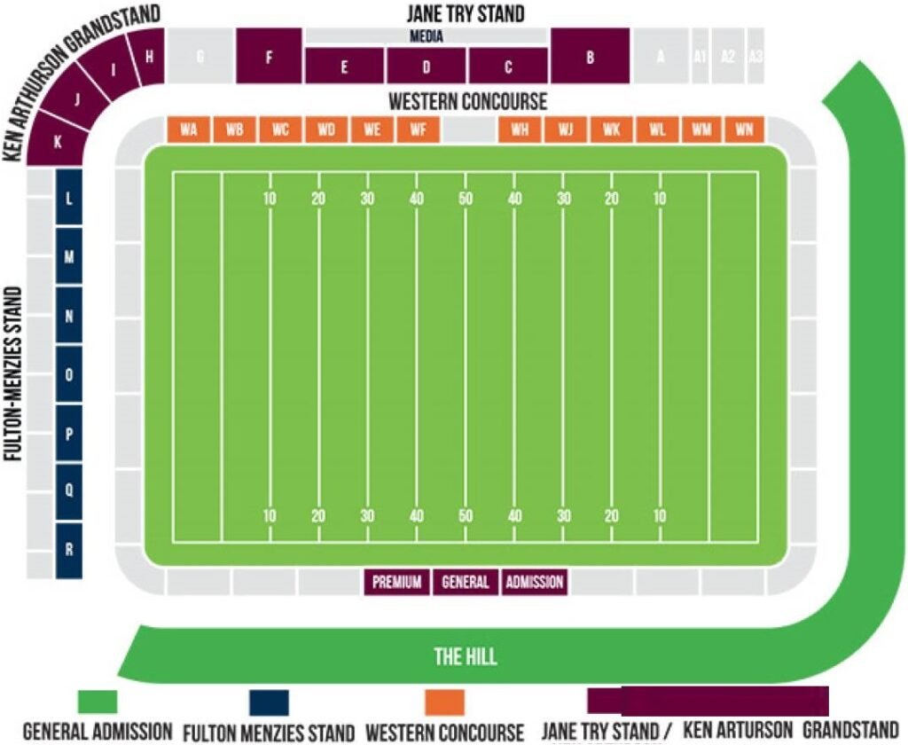 4 Pines Park Stadium Seating Plan with Seat Numbers and Rows