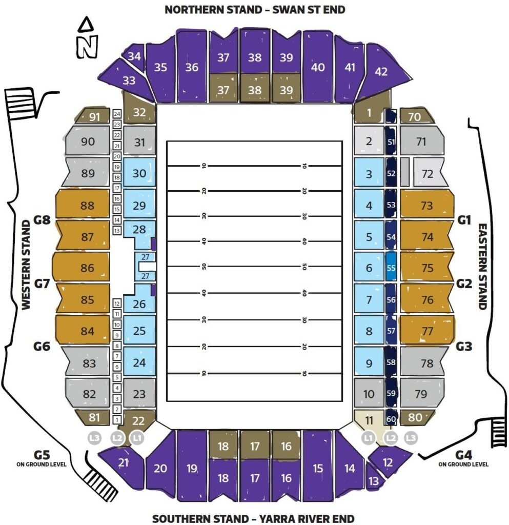 AAMI Park Stadium Seating Plan with Seat Numbers and Rows