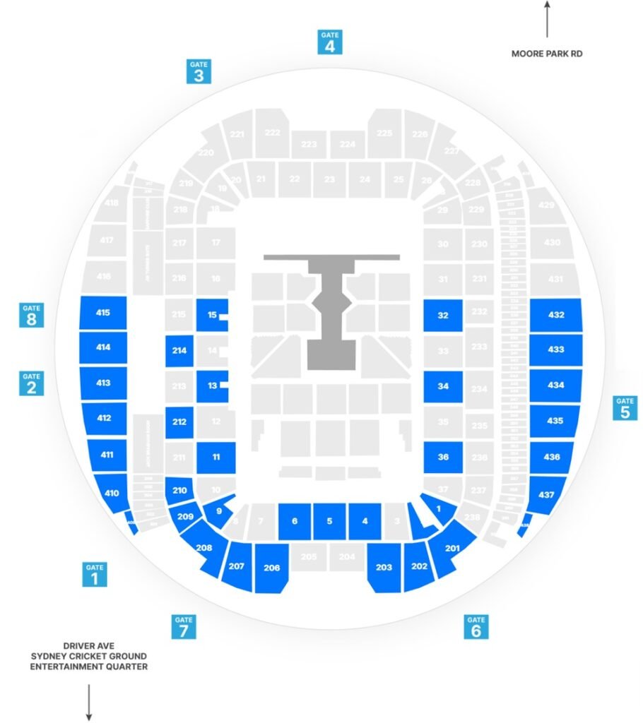 Sydney Football Stadium Seating Plan with Seat Numbers and Rows