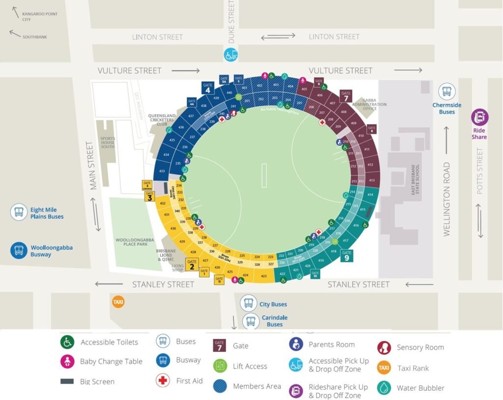 Brisbane The Gabba Seating Plan with Seat Numbers and Rows