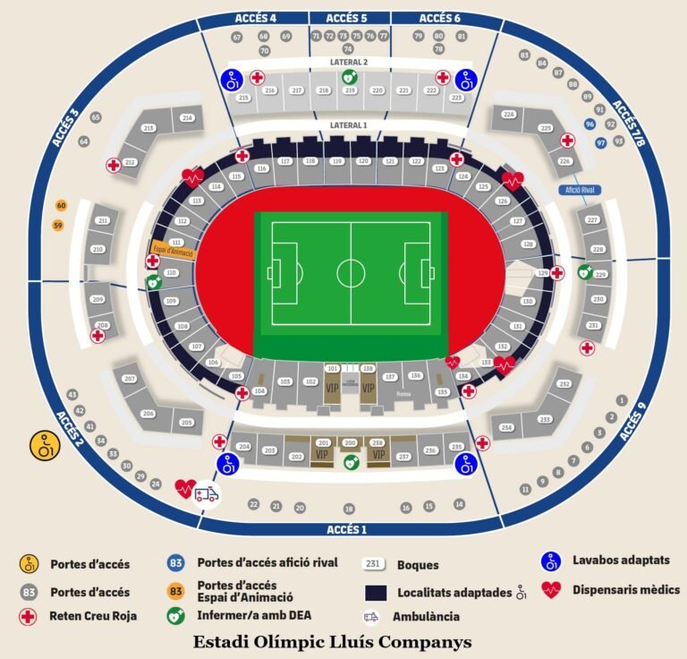 Estadi Olímpic Lluís Companys Seating Map with Seat Numbers and Rows