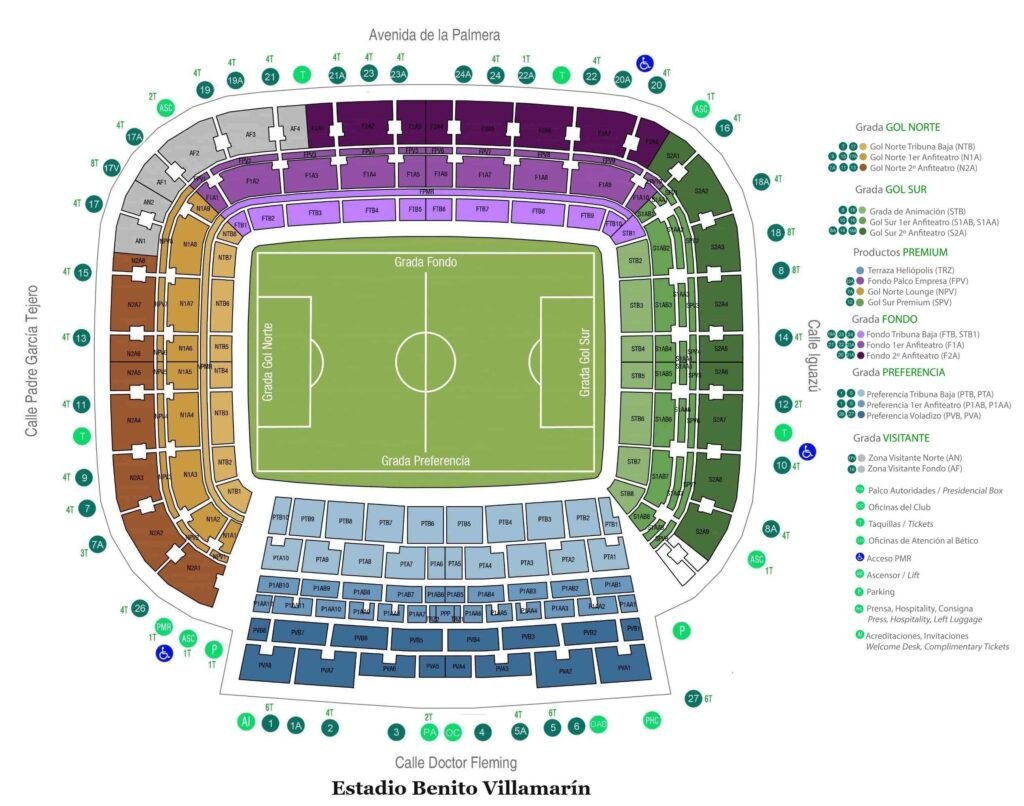 Plano de asientos del Estadio Benito Villamarín con número de asiento y fila