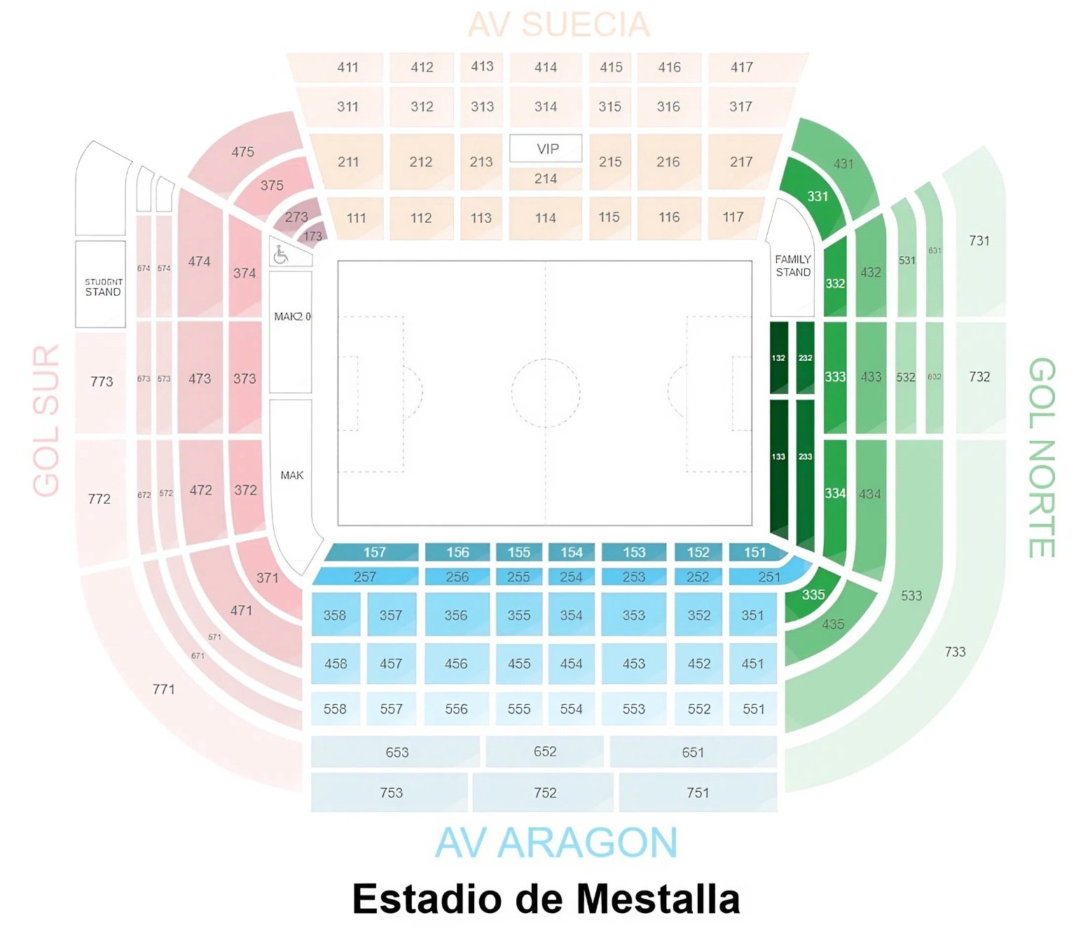 Plano de asientos del Estadio de Mestalla con número de asiento y fila