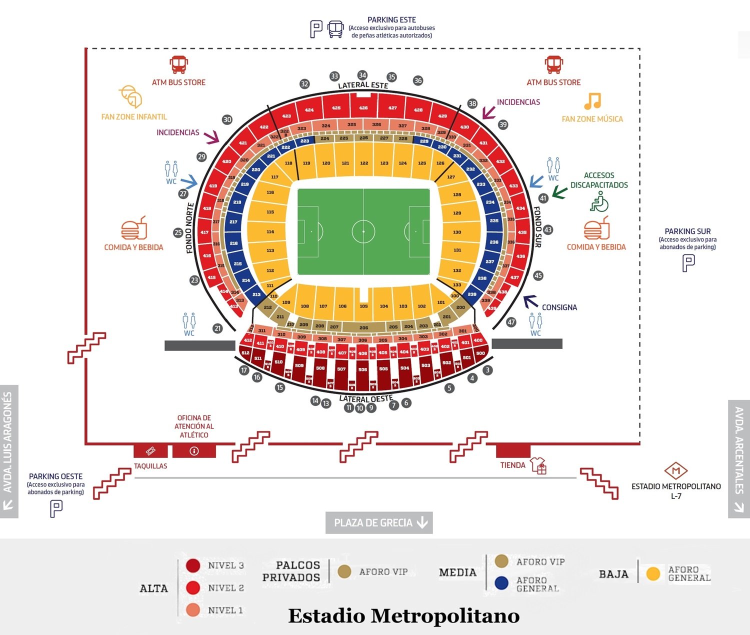 Plano de asientos del Estadio Metropolitano con número de asiento y fila, Madrid, Spain