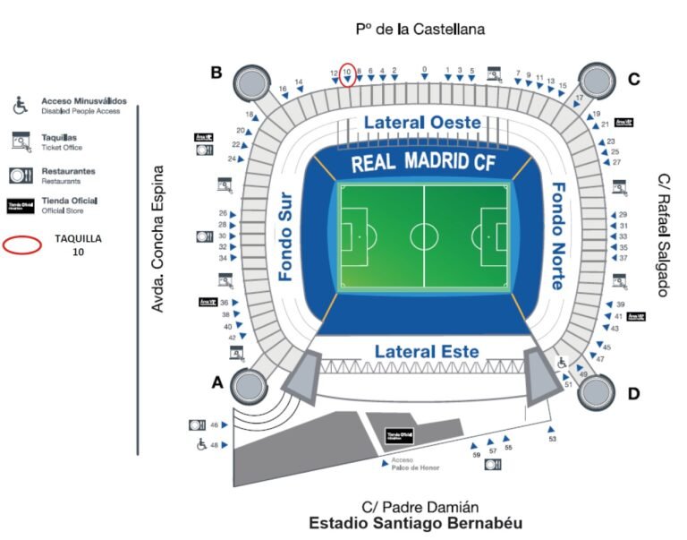 Estadio Santiago Bernabéu Seating Plan with Seat Numbers and Rows