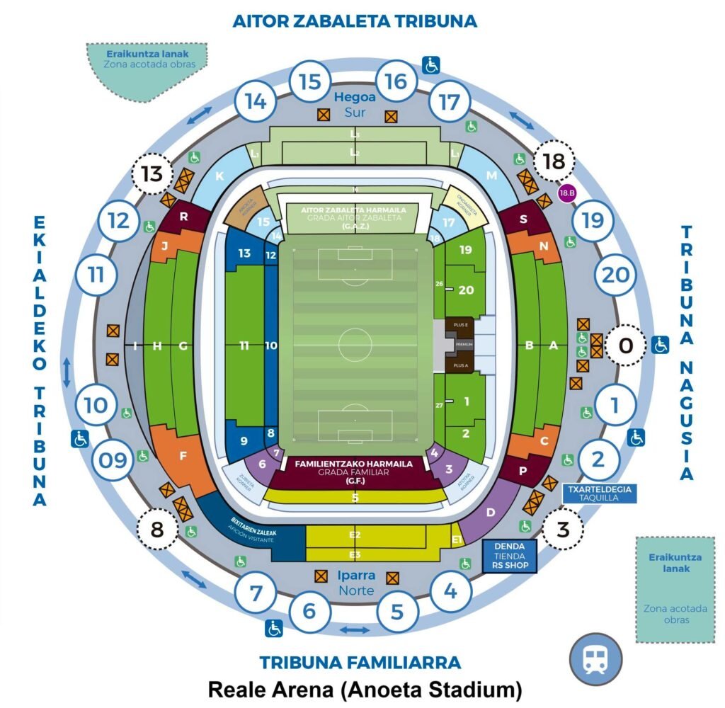 Plano de asientos del Reale Arena con número de asiento y fila