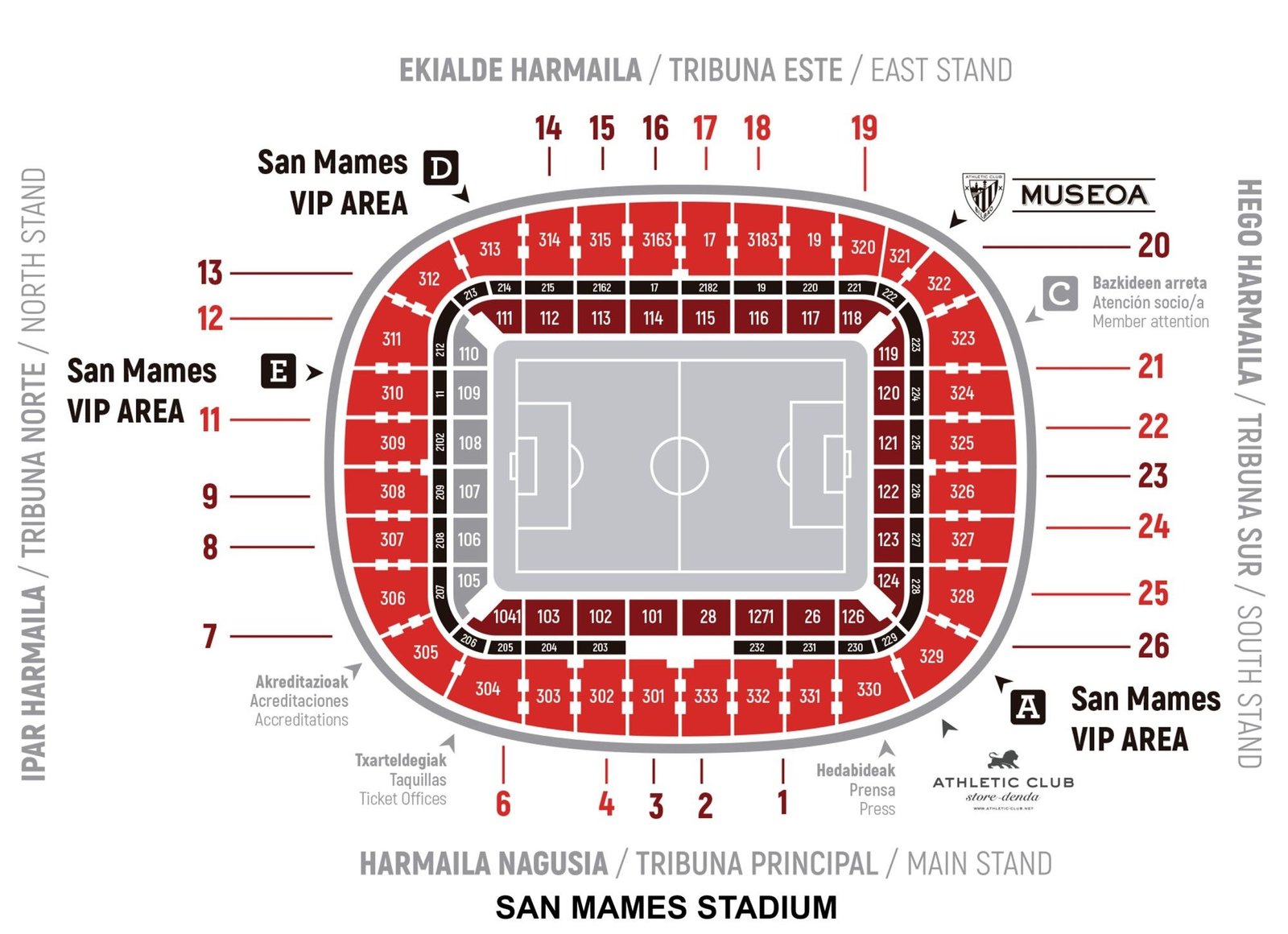 San Mames Seating Plan with seat numbers and rows
