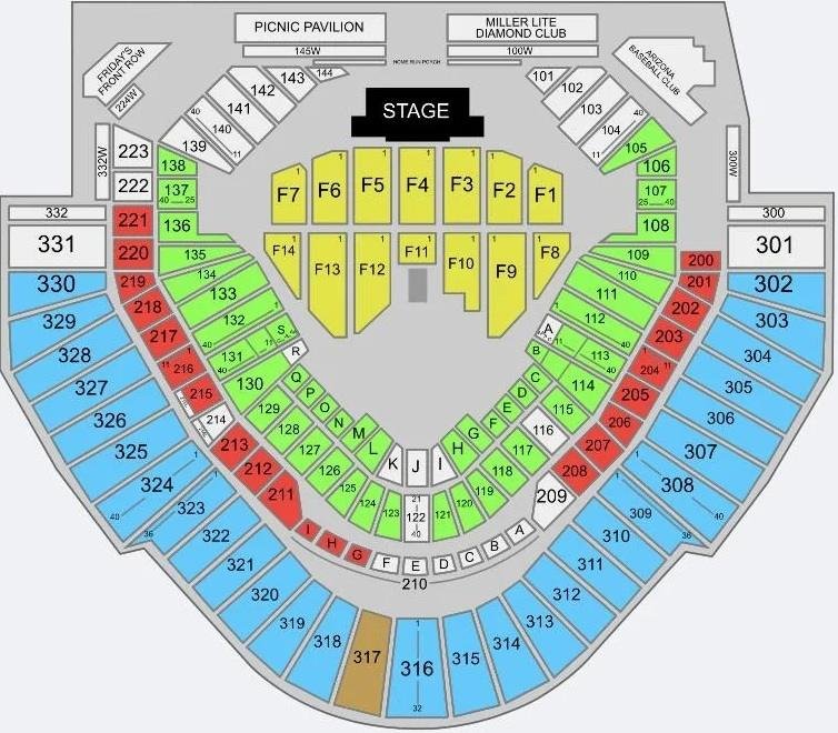 Chase Field Seating Map with seat number and Rows