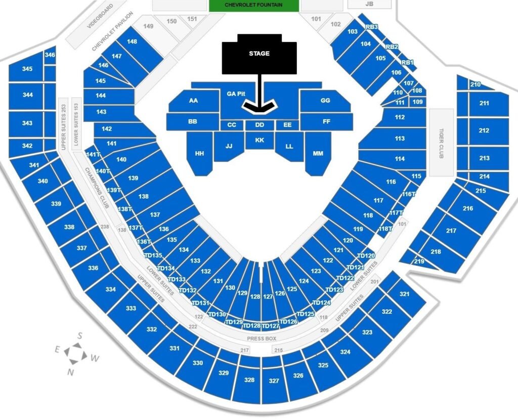 Comerica Park Concert Seating Map with seat and rows number