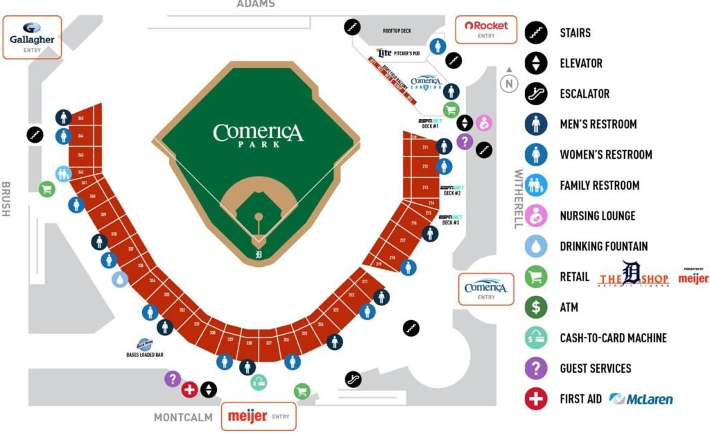 Comerica Park Seating Map with seat number and rows