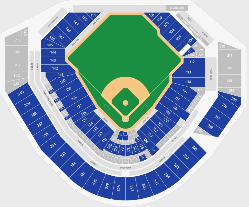 Comerica Park Seating Chart Map with seat number and rows
