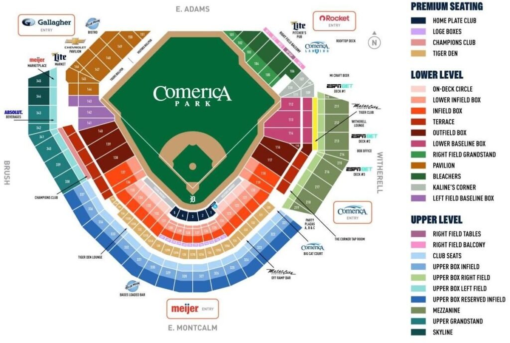 Comerica Park Seating Chart with seat number and rows