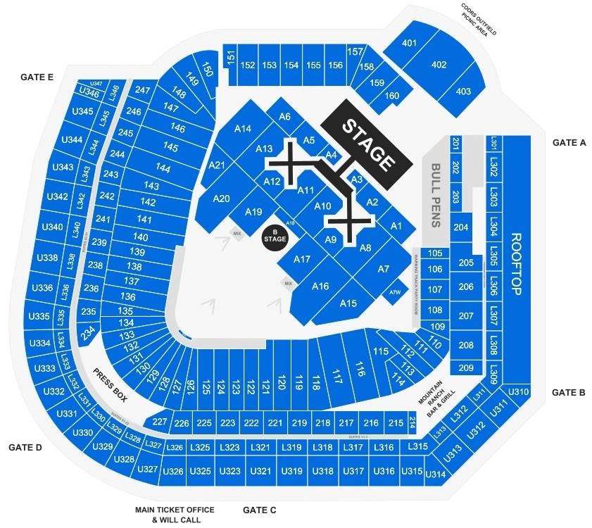 Coors Field seating Plan with seat and row numbers for concert
