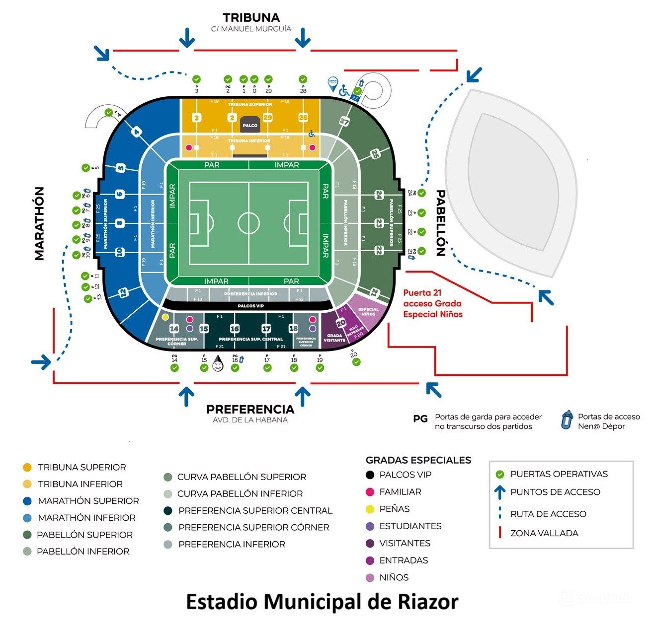 Estadio Abanca-Riazor seating plan with seat number and row