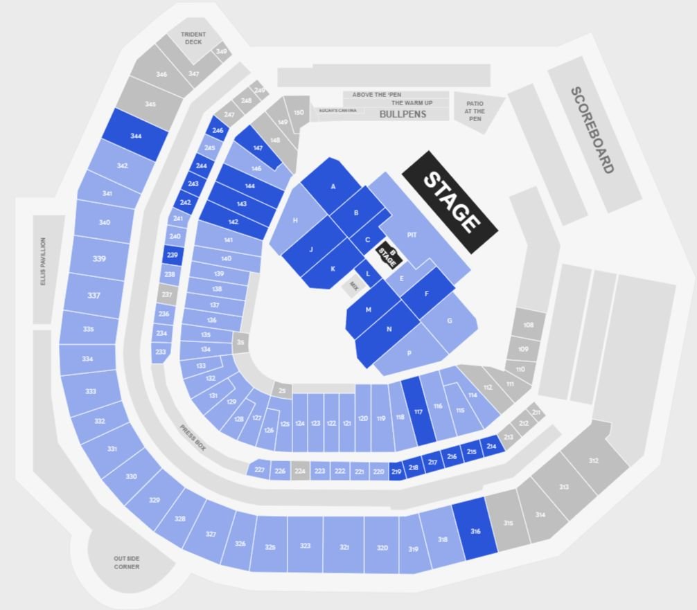 T-Mobile Park Stadium Concert Seating Plan with seat number and rows