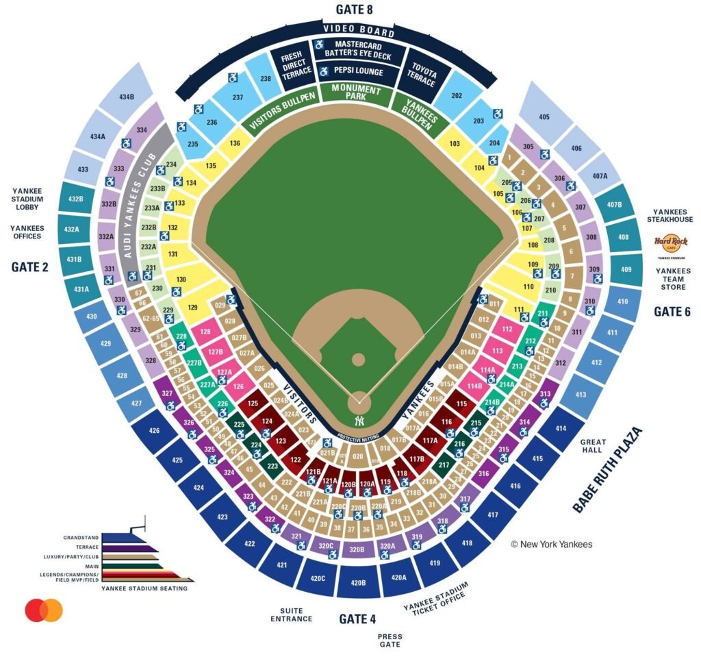 Yankee Stadium seating plan with seat and row numbers