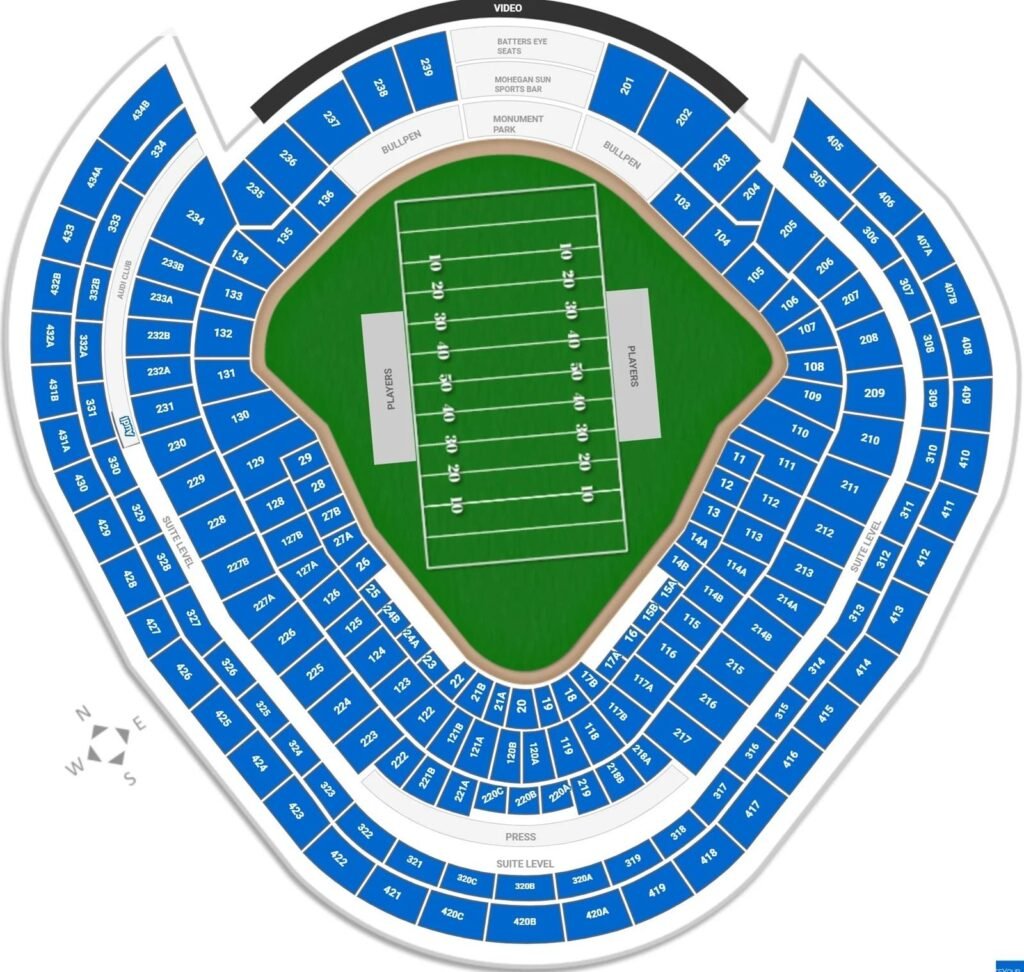 Yankee Stadium seating map with seat and row numbers for football