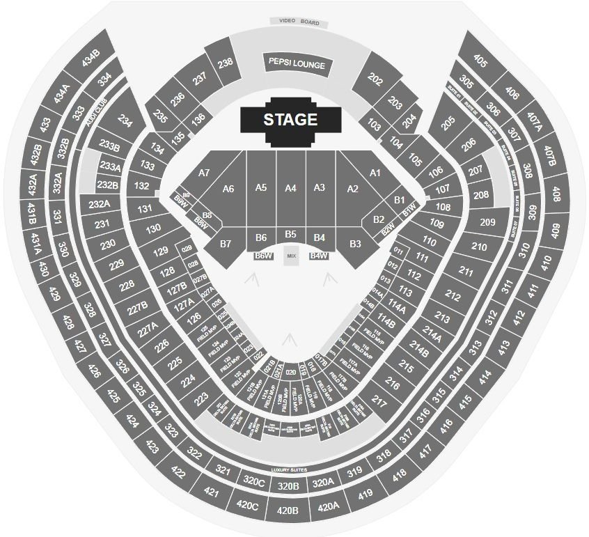 Yankee Stadium Seating chart layout with seat number and rows for concerts